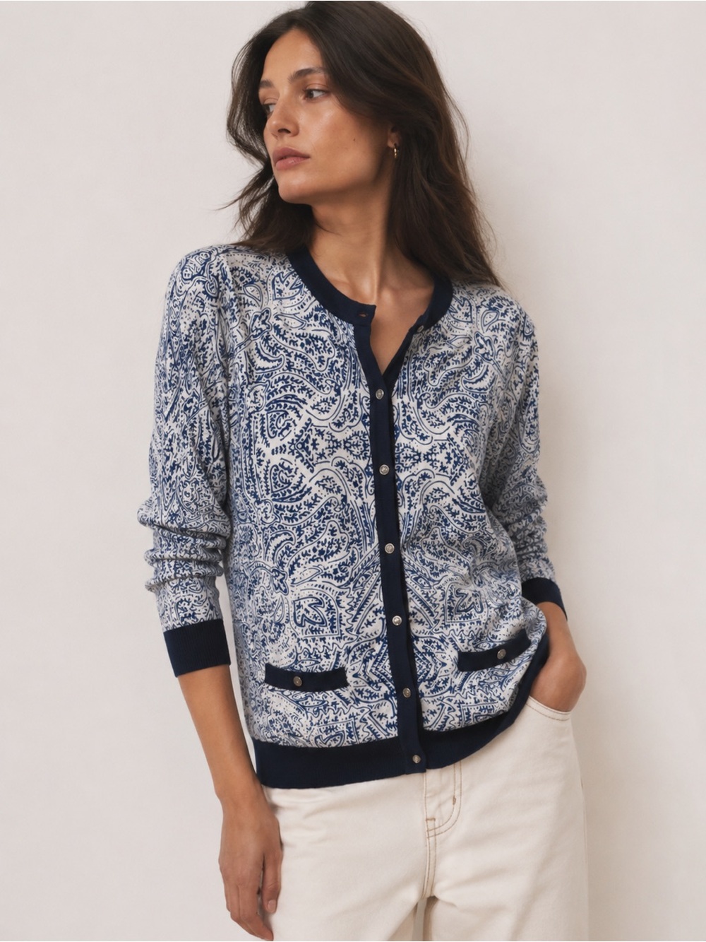 Lands' End Supima Cotton Blue and White Paisley Button-Front Cardigan Size XS